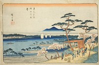 Cherry Blossoms in Full Bloom along the Sumida River (Sumidagawa hanazakari), from the series "Famous Places in the Eastern Capital (Toto meisho)" by Utagawa Hiroshige