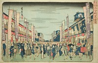 View of the Theaters in Nichomachi (Nichomachi shibai no zu), from the series "Famous Places in the Eastern Capital (Toto meisho)" by Utagawa Hiroshige