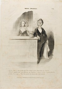 “- Arthur, you had promised me a throne and all you did is put me behind a counter. - Eloise, remember Napoleon's definition of a throne: 'four boards covered with a carpet.' You are sitting on six boards and a cushion,” plate 36 from Moeurs Conjugales by Honoré-Victorin Daumier