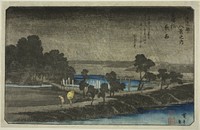 Evening Rain at Azuma Shrine (Azuma no mori yau), from the series "Eight Views in the Environs of Edo (Edo Kinko hakkei no uchi)" by Utagawa Hiroshige