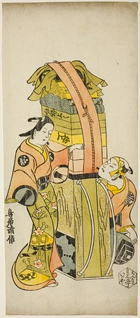 The Actors Ichikawa Danjuro II as Kamada Matahachi and Ichikawa Monnosuke I as Hisamatsu in the play "Osome Hisamatsu Shinju Tamoto no Shirashibori," performed at the Morita Theater, 1720 by Torii Kiyonobu I