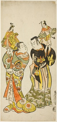 The Actors Yamashita Kinsaku I and Hayakawa Hatsuse as puppeteers in the play "Diary Kept on a Journey by Sea to Izu" ("Funadama Izu Nikki"), performed at the Nakamura Theater in the first month, 1725 by Torii Kiyomasu II
