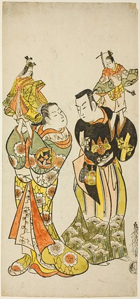 The Actors Yamashita Kinsaku I and Hayakawa Hatsuse as puppeteers in the play "Diary Kept on a Journey by Sea to Izu" ("Funadama Izu Nikki"), performed at the Nakamura Theater in the first month, 1725 by Torii Kiyomasu II