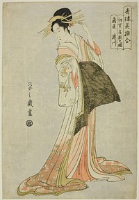 Takigawa of the Ogiya in the First Sale of the New Year (Hatsu uri zashiki no zu), from the series "A Comparison of Selected Beauties of the Pleasure Quarters (Seiro bisen awase)" by Chôbunsai Eishi