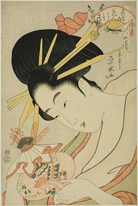 The Courtesan Hanahito of the Ogiya and attendants Sakura and Momiji, from the series "Beauties of the Five Festivals (Bijin gosekku)" by Ichirakutei Eisui