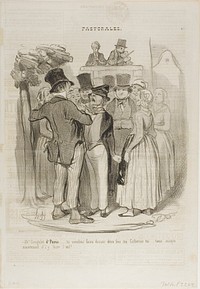 “- So, Gringalet from Paris!.... you will dance twice with my Catherine ...... try again now to make sheep's eyes at her,” plate 27 from Pastorales by Honoré-Victorin Daumier
