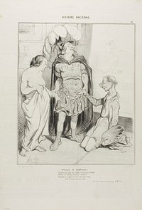 Apelles and Campaste. Aware that Apelles was wasting away with love Alexander gave him Campeste and above the first art deal ever now was struck girlfriend against sculpture, oh what luck! (From Art and the Antique, a poetic essay by M. Cavé), plate 36(37) from Histoire Ancienne by Honoré-Victorin Daumier