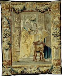 Tapestry (Four Servants), Tapestry Girl Offering Gifts, part of Telemachus Leading Theoclymenus to Penelope, from The Story of Odysseus by Jan van Leefdael (Manufacturer)