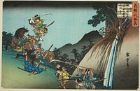 No. 10: Ushiwaka Defeats Sekigahara Yoichi at Keage Mountain Pass (Jukkai, Keage toge ni Ushiwaka Sekigahara Yoichi uchikiru), from the series "The Life of Yoshitsune (Yoshitsune ichidaiki no uchi)" by Utagawa Hiroshige