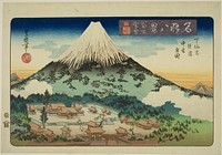 Evening Snow on Mount Fuji, Complete View of the Inner and Middle Shrines at Shimo Sengen (Fuji bosetsu, Shimo Sengen atomiya nakamiya zenzu), from the series "Eight VIews of Famous Places (Meisho hakkei)" by Utagawa Toyoshige (Toyokuni II)