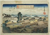 Evening Bell at Kamakura, View of the Mountains of Awa Province from Tsurugaoka (Kamakura bansho, Tsurugaoka yori Boshu yama no zu), from the series "Eight Views of Famous Places (Meisho hakkei)" by Utagawa Toyoshige (Toyokuni II)