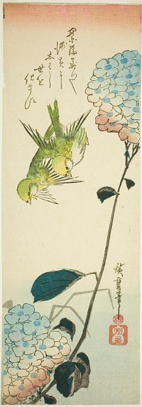 Green birds and hydrangeas by Utagawa Hiroshige