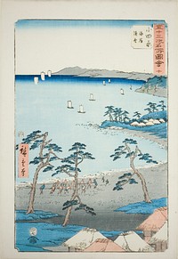 Odawara: Fishermen's Houses on the Beach (Odawara, kaigan gyosha), no. 10 from the series "Famous Sights of the Fifty-three Stations (Gojusan tsugi meisho zue)," also known as the Vertical Tokaido by Utagawa Hiroshige