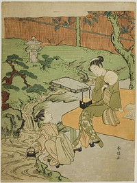 Two Girls Enjoying the Evening Cool in a Garden by Suzuki Harunobu