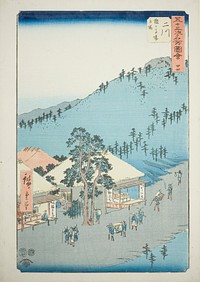 Futakawa: The Station at Surugababa (Futakawa, Sarugababa tateba), no. 34 from the series "Famous Sights of the Fifty-three Stations (Gojusan tsugi meisho zue)," also known as the Vertical Tokaido by Utagawa Hiroshige