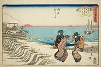 Sunrise on New Year's Day at the Musashiya Restaurant in Susaki (Susaki hatsu hinode, Musashiya), from the series "Famous Restaurants of Edo (Edo komei kaitei zukushi)" by Utagawa Hiroshige