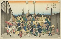 Nihonbashi: Procession Departing (Nihonbashi, gyoretsu furidashi), from the series "Fifty-three Stations of the Tokaido Road (Tokaido gojusan tsugi no uchi)," also known as the Hoeido Tokaido by Utagawa Hiroshige