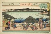 Courtesans Viewing Cherry Blossoms at Horaitei Restaurant in Ikenohata (Ikenohata seiro hanami no yasumi, Horaitei), from the series "Famous Restaurants of Edo (Edo komei kaitei zukushi)" by Utagawa Hiroshige