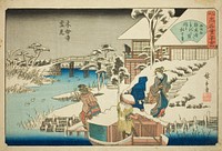 Viewing Snow at the Uekiya Restaurant at Mokubo Temple (Mokuboji yukimi, Uekiya) from the series "Famous Restaurants of Edo (Edo komei kaitei zukushi)" by Utagawa Hiroshige