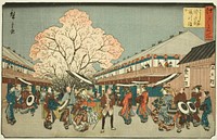 Cherry Blossom Day on the Nakanocho of the Yoshiwara (Yoshiwara Nakanocho Sakura no monbi), from the series "Famous Places in Edo (Edo meisho)" by Utagawa Hiroshige