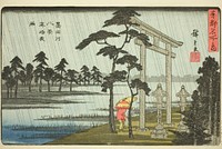 Evening Rain at Massaki, Eight Views of the Sumida River (Sumidagawa hakkei, Massaki yau), from the series "Famous Places in the Eastern Capital (Toto meisho no uchi)" by Utagawa Hiroshige