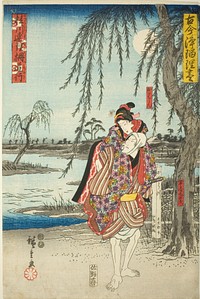 Ohan and Obiya Choemon eloping in the drama Katsuragawa Renri no Shigarami, from the series "A Collection of Ancient and Modern Dramas (Kokon Joruri zukushi)" by Utagawa Hiroshige