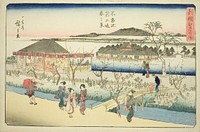 Spring View of the New Embankment at Shinobazu Pond (Shinobazu ike shin dote haru no kei), from the series "Newly Selected Famous Places in Edo (Shinsen Edo meisho)" by Utagawa Hiroshige