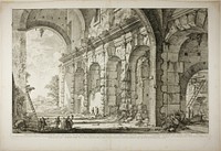 View of the upper storey of the Cages for Wild Animals built by the Emperor Domitian, associated with the Flavian Amphitheater and commonly called the Curia Hostilia, from Views of Rome by Giovanni Battista Piranesi