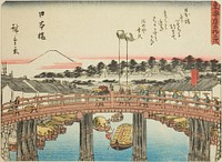 Nihonbashi, from the series "Fifty-three Stations of the Tokaido (Tokaido gojusan tsugi)," also known as the Tokaido with Poem (Kyoka iri Tokaido) by Utagawa Hiroshige