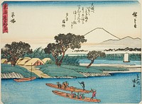 Hiratsuka: Ferryboats on the Banyu River (Hiratsuka, Banyugawa watashibune), from the series "Fifty-three Stations of the Tokaido (Tokaido gojusan tsugi)," also known as the Tokaido with Poem (Kyoka iri Tokaido) by Utagawa Hiroshige