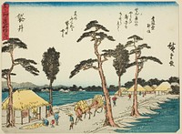 Fukuroi, from the series "Fifty-three Stations of the Tokaido (Tokaido gojusan tsugi)," also known as the Tokaido with Poem (Kyoka iri Tokaido) by Utagawa Hiroshige