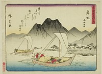 Maisaka: The Ferry at Imagiri (Maisaka, Imagiri funawatashi), from the series "Fifty-three Stations of the Tokaido (Tokaido gojusan tsugi)," also known as the Tokaido with Poem (Kyoka iri Tokaido) by Utagawa Hiroshige