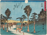 Akasaka, from the series "Fifty-three Stations of the Tokaido (Tokaido gojusan tsugi)," also known as the Tokaido with Poem (Kyoka iri Tokaido) by Utagawa Hiroshige