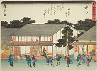 Minakuchi, from the series "Fifty-three Stations of the Tokaido (Tokaido gojusan tsugi)," also known as the Tokaido with Poem (Kyoka iri Tokaido) by Utagawa Hiroshige