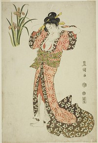 Irises: beauty arranging hair, from an untitled series of beauties and flowers by Utagawa Toyokuni I