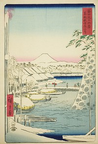 The Riverbank at Sukiya in the Eastern Capital (Toto Sukiyagashi), from the series "Thirty-six Views of Mount Fuji (Fuji sanjurokkei)" by Utagawa Hiroshige