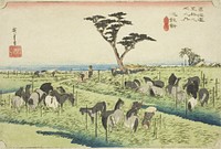 Chiryu: Early Summer Horse Market (Chiryu, shuka uma ichi), from the series "Fifty-three Stations of the Tokaido (Tokaido gojusan tsugi no uchi)," also known as the Hoeido Tokaido by Utagawa Hiroshige