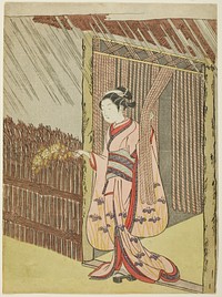 Woman Holding a Branch of Kerria Flowers in the Rain (parody of Ota Dokan) by Suzuki Harunobu