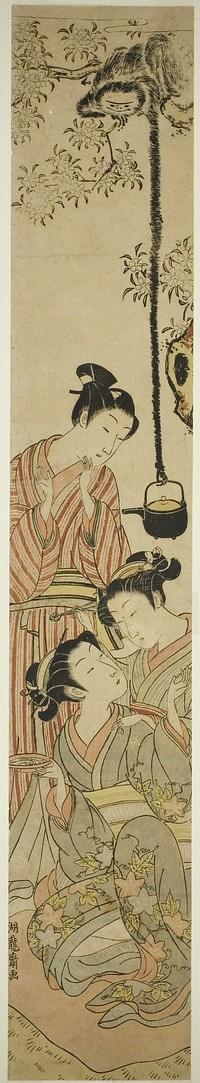 Gibbon snatching sake pot from flower-viewing party by Isoda Koryusai