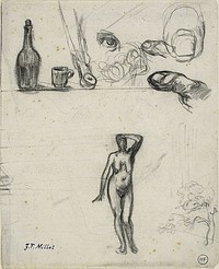 Sheet of Sketches: Standing Female Nude, Tree, Still Life, Fingers and Eye by Jean François Millet