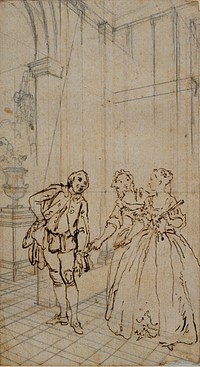 Literary Illustration with Gentleman and Two Ladies in Interior by Hubert François Gravelot