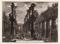 A., B. View of the remains of the two rows of columns in the Temple of Neptune which originally formed the colonnades along the sides of the cella, and supported the uppermost part of the roof, from Different views of Paestum by Giovanni Battista Piranesi