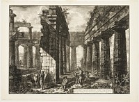 Interior view of the remains of one of the pronaoi of the Temple of Neptune which faces inland, from Different views of Paestum by Giovanni Battista Piranesi