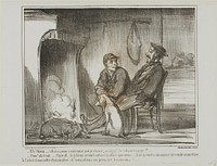 “- Now what? Are we going to continue hunting during the rain? - Not at all! The animals are just as afraid of the rain as we are. They might not be able to find this shelter, and we would end up losing too many of them!,” plate 5 from Croquis De Chasse by Honoré-Victorin Daumier