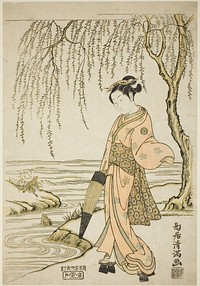 A Young Woman Watching Frogs (parody of Ono no Tôfû) by Torii Kiyomitsu I