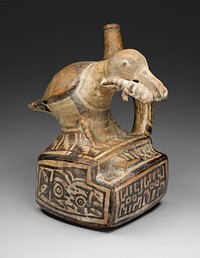 Square Handle Spout Vessel with Form of a Bird Eating a Lizard by Moche