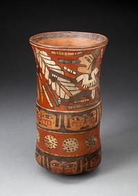 Beaker Depicting Rows of Figures with Weapons and Band of Human Faces by Nazca