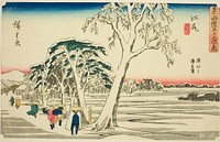 Ejiri: Distant View of Shimizu Harbor in Clear Weather after Snowfall (Ejiri, Shimizu no minato enbo, yukibare), from the series "Fifty-three Stations of the Tokaido (Tokaido gojusan tsugi no uchi)," also known as the Gyosho Tokaido by Utagawa Hiroshige