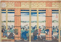 The Rain Shelter at Nii Hill by the Aji River, Osaka (Osaka Ajigawa Niiyama amayadori), from the series "Famous Places in Osaka: Fine Views of Mount Tenpo (Naniwa meisho Tenpozan shokei ichiran)" by Yashima Gakutei