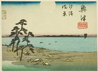 View of Shiohama and Kiyomigaseki in Okitsu (Okitsu, Kiyomigaseki, Shiohama fukei), section of sheet no. 4 from the series "Cutout Pictures of the Tokaido Road (Tokaido harimaze zue)" by Utagawa Hiroshige